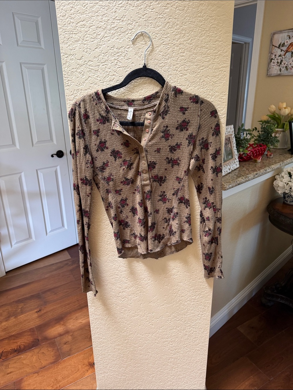 Free people Long Sleeve Floral Henley Top in Khaki with Rose Print